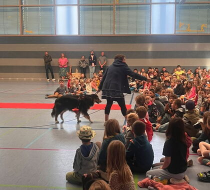 Schüler sitzen am Boden einer Turnhalle vor einem Hund